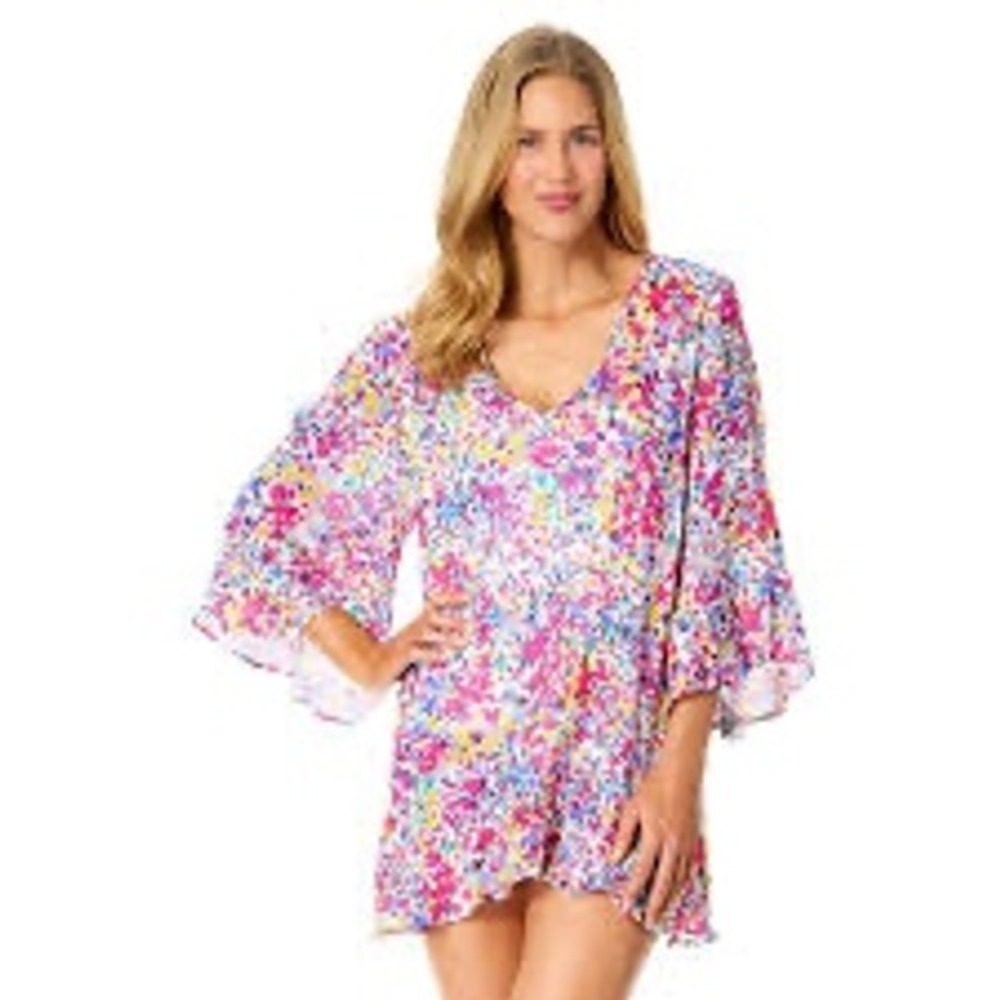 Anne Cole Villa Vera Flounce Cover-Up V-Neck Bell Sleeve Swim Coverup Size  L/XL